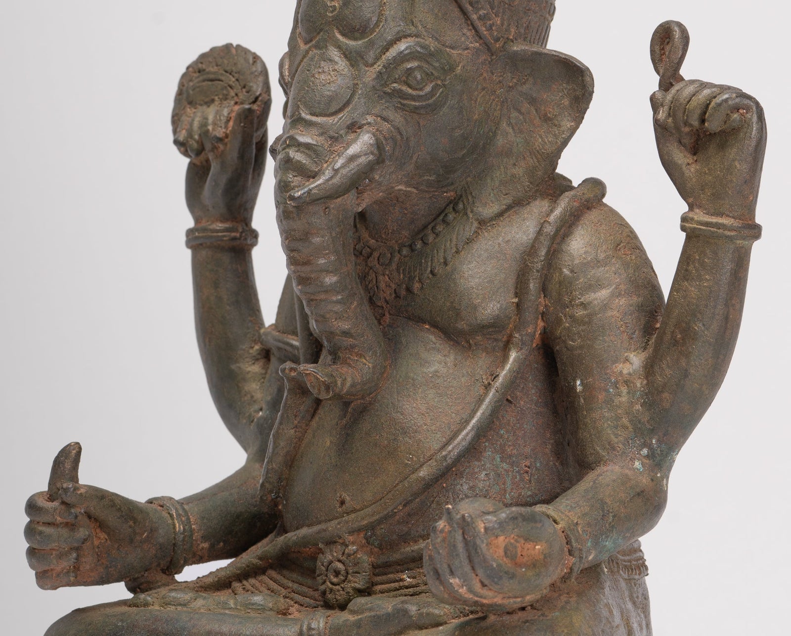 Antique Thai Style Bronze Seated Green 4-Arm Ganesha Statue - 31cm/12"