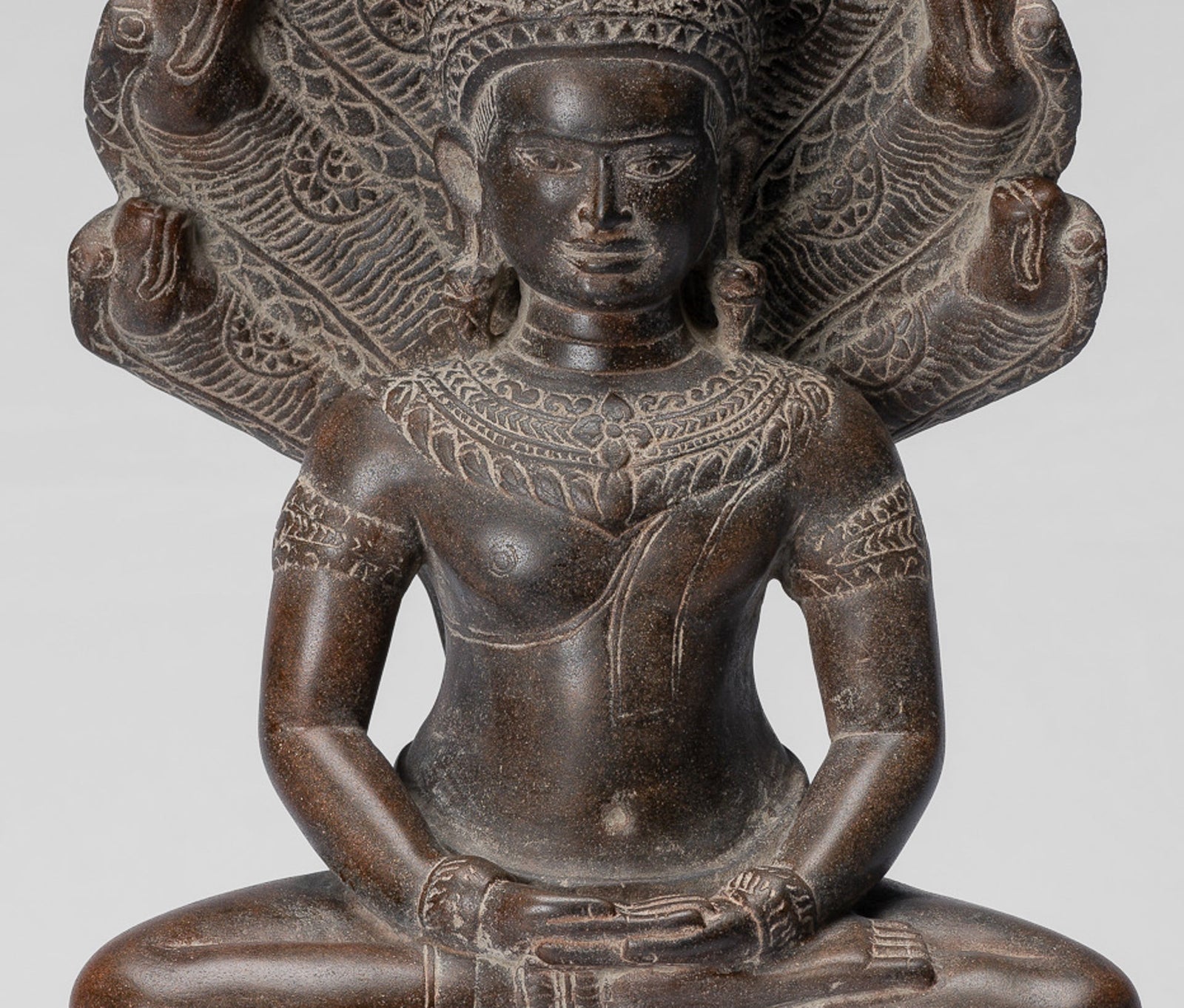 Buddha Statue - Antique Bayon Style Khmer Stone Seated Naga Meditation Buddha - 38cm/15"