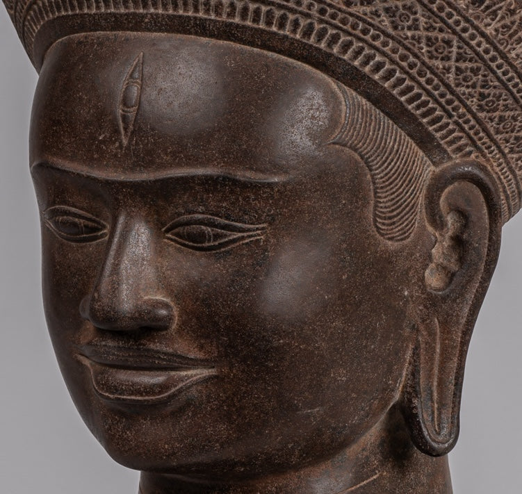 Shiva Statue - Antique Koh Ker Style Khmer Stone Shiva Head Statue - The Destroyer - 54cm/22"