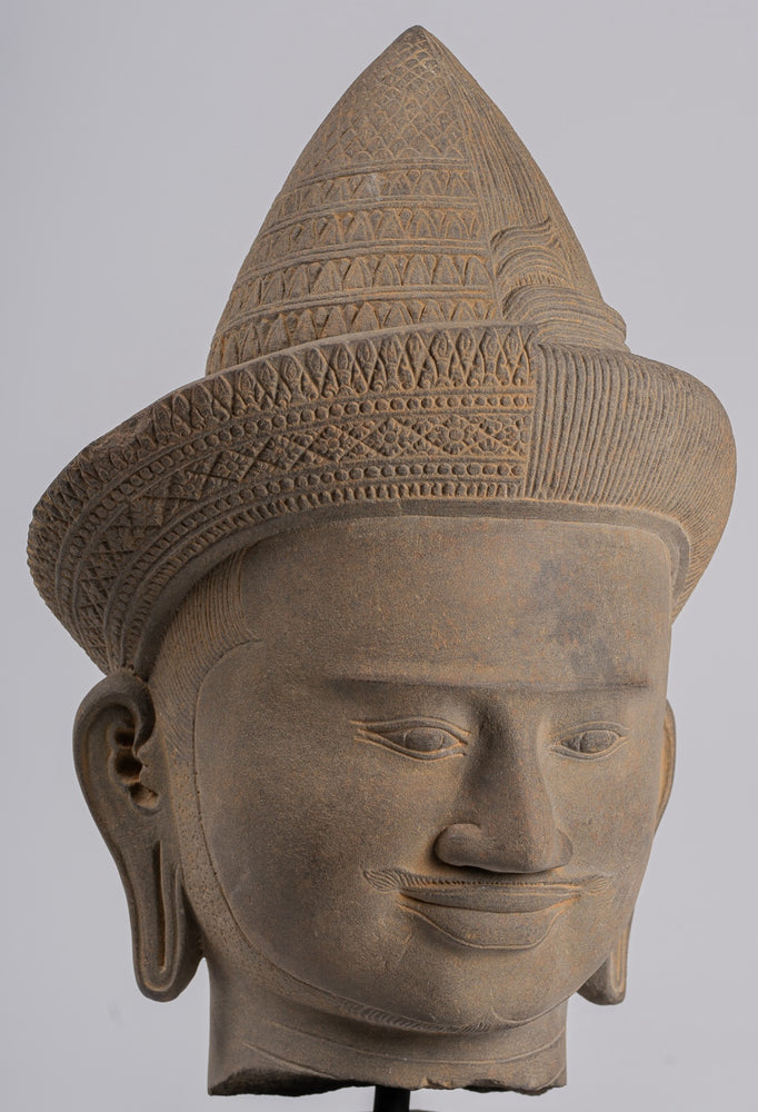 Vishnu Statue - Antique Baphuon Style Stone Mounted Khmer Vishnu Head - 43cm / 17"