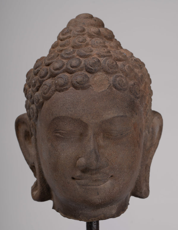 Buddha Statue - Antique Phnom Da Style Mounted Stone Khmer Buddha Head - 26cm/10" Tall