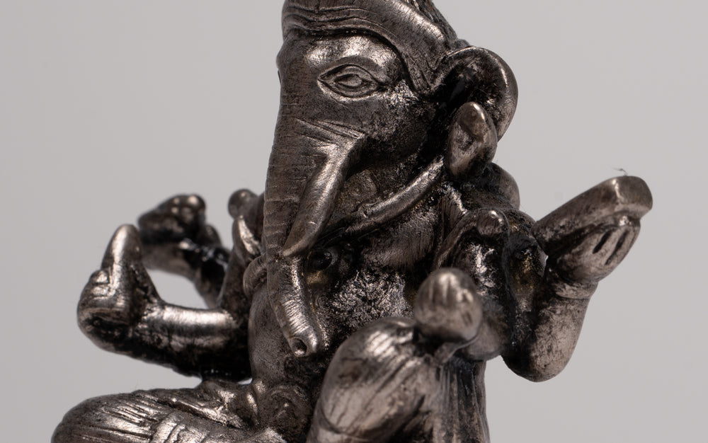 Ganesha Statue - Antique Thai Style Bronze Seated Silver Ganesha Statue - 9cm/4"