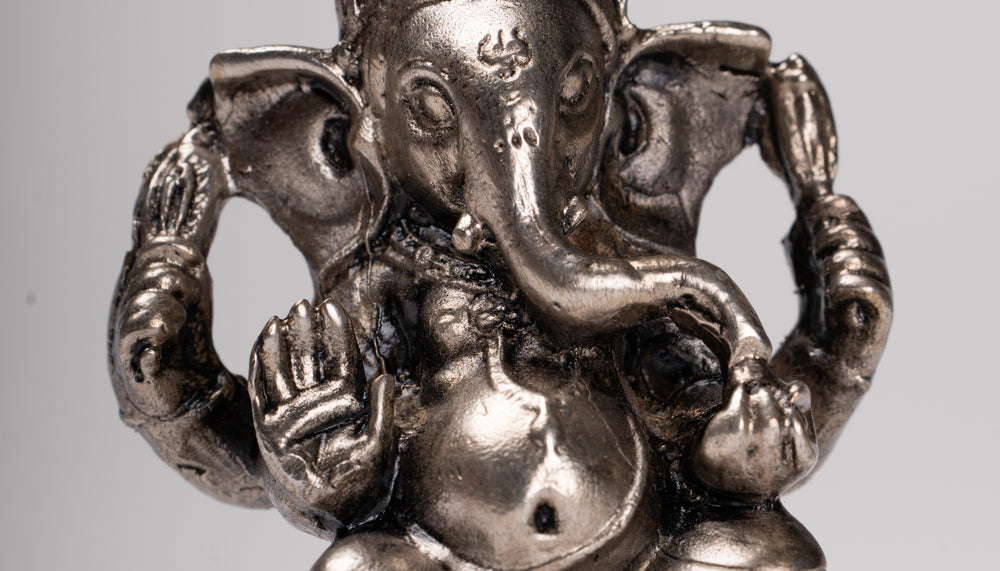 Ganesha Statue - Antique Thai Style Bronze Seated Silver Ganesha Statue - 8.5cm/3"