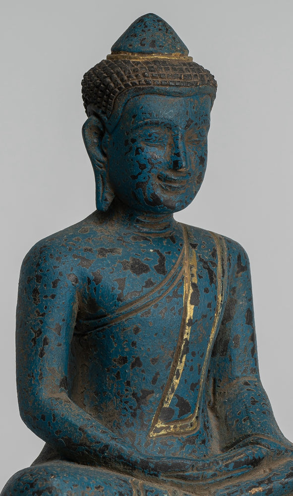 Buddha Sculpture - Antique Khmer Style Wood Seated Buddha Statue Dhyana Meditation Mudra - 26cm/10"