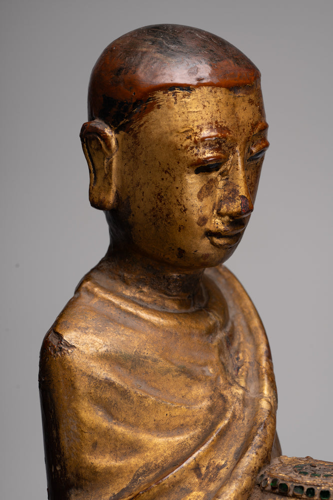 Antique Burmese Style Standing Wood Mandalay Monk Statue - 90cm/36"