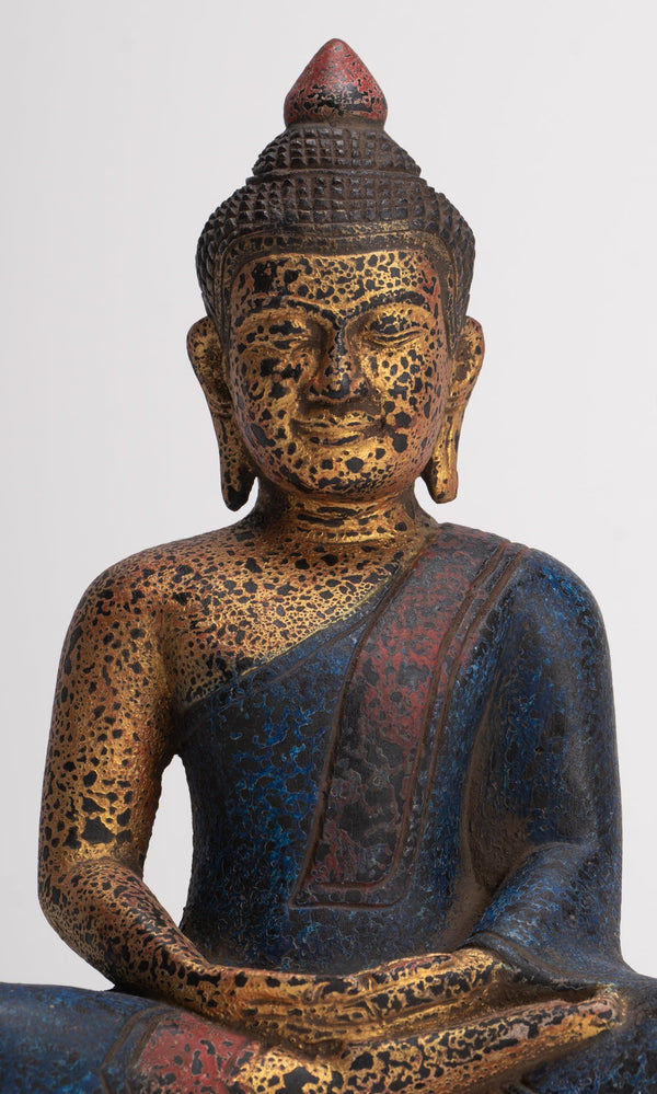 Buddha Sculpture - Antique Khmer Style Wood Seated Buddha Statue Dhyana Meditation Mudra - 26cm/11"
