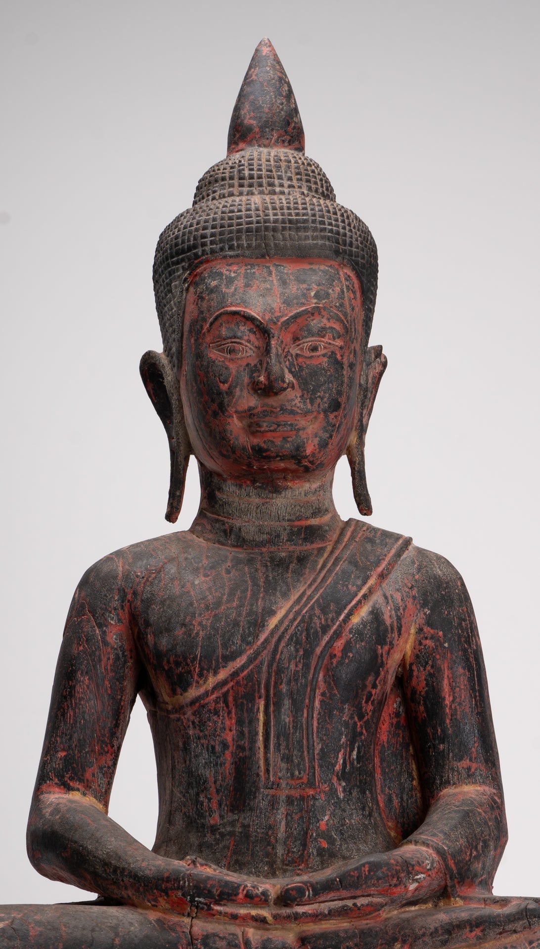 Estatua de Buda - Estatua de Buda de meditación de madera sentada de estilo jemer antiguo SE Asia - 85 cm/34"
