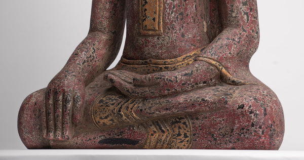 Buddha Statue - Antique Khmer Style SE Asia Seated Wood Enlightenment Buddha Statue - 81cm/32"