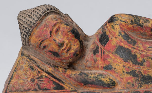 Buddha Statue - Antique Thai Style Wood Reclining Nirvana Buddha Statue - 30cm/12" Long