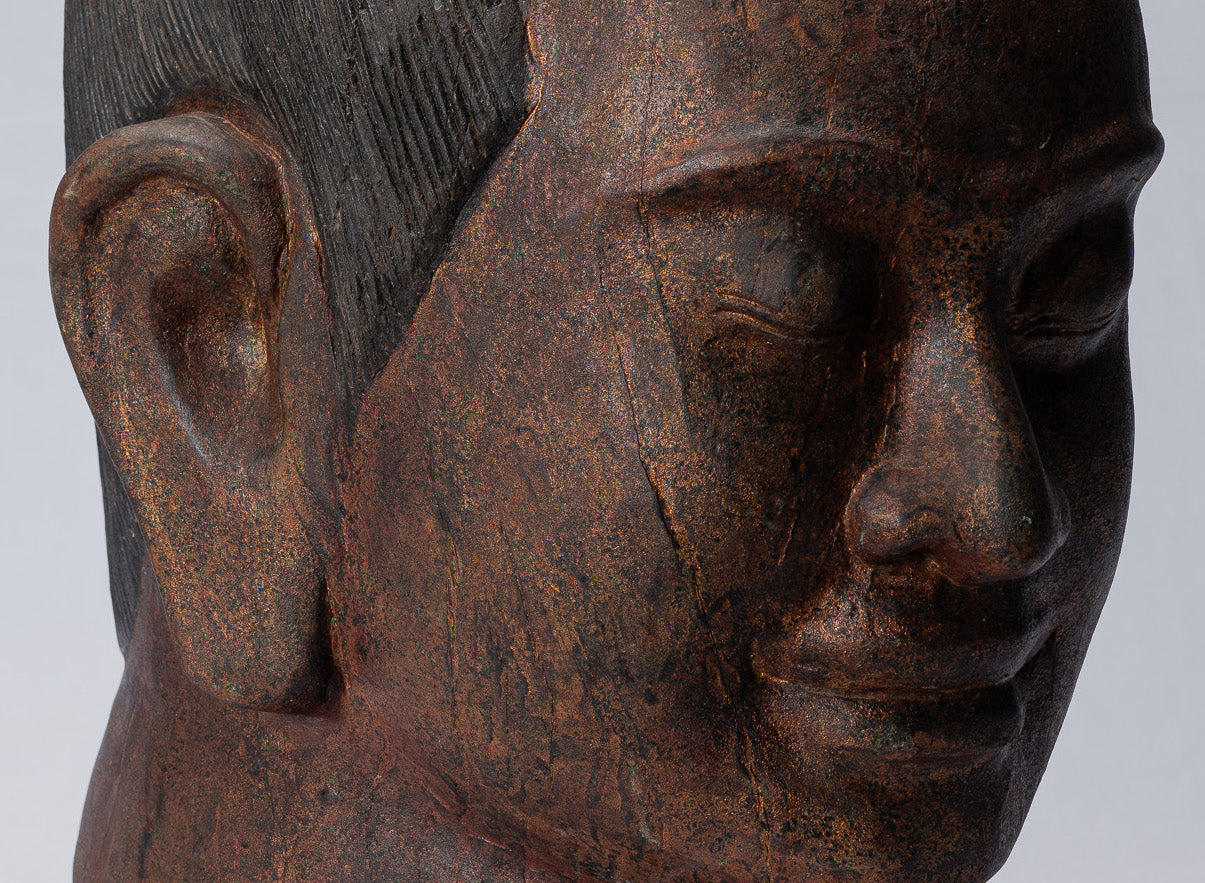 Jayavarman Statue - Antique Khmer Style Wood Jayavarman VII Head Statue - 42cm/17"