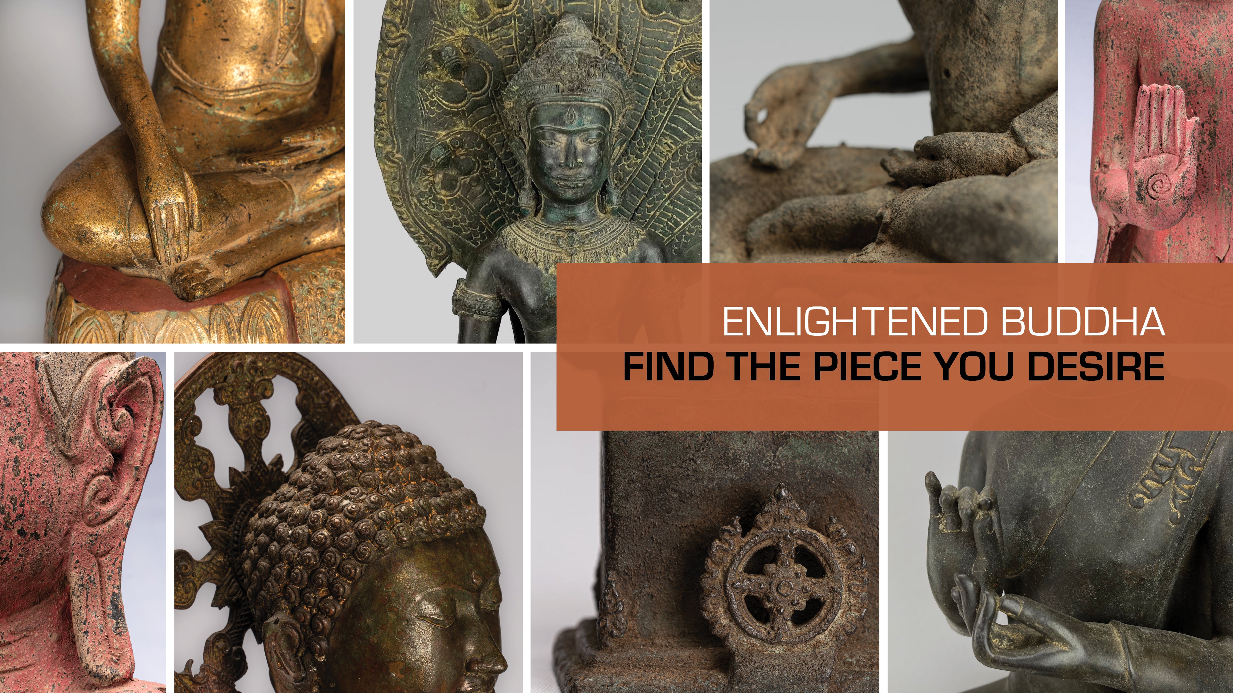Various Buddha sculptures in different styles and materials, featuring intricate details.