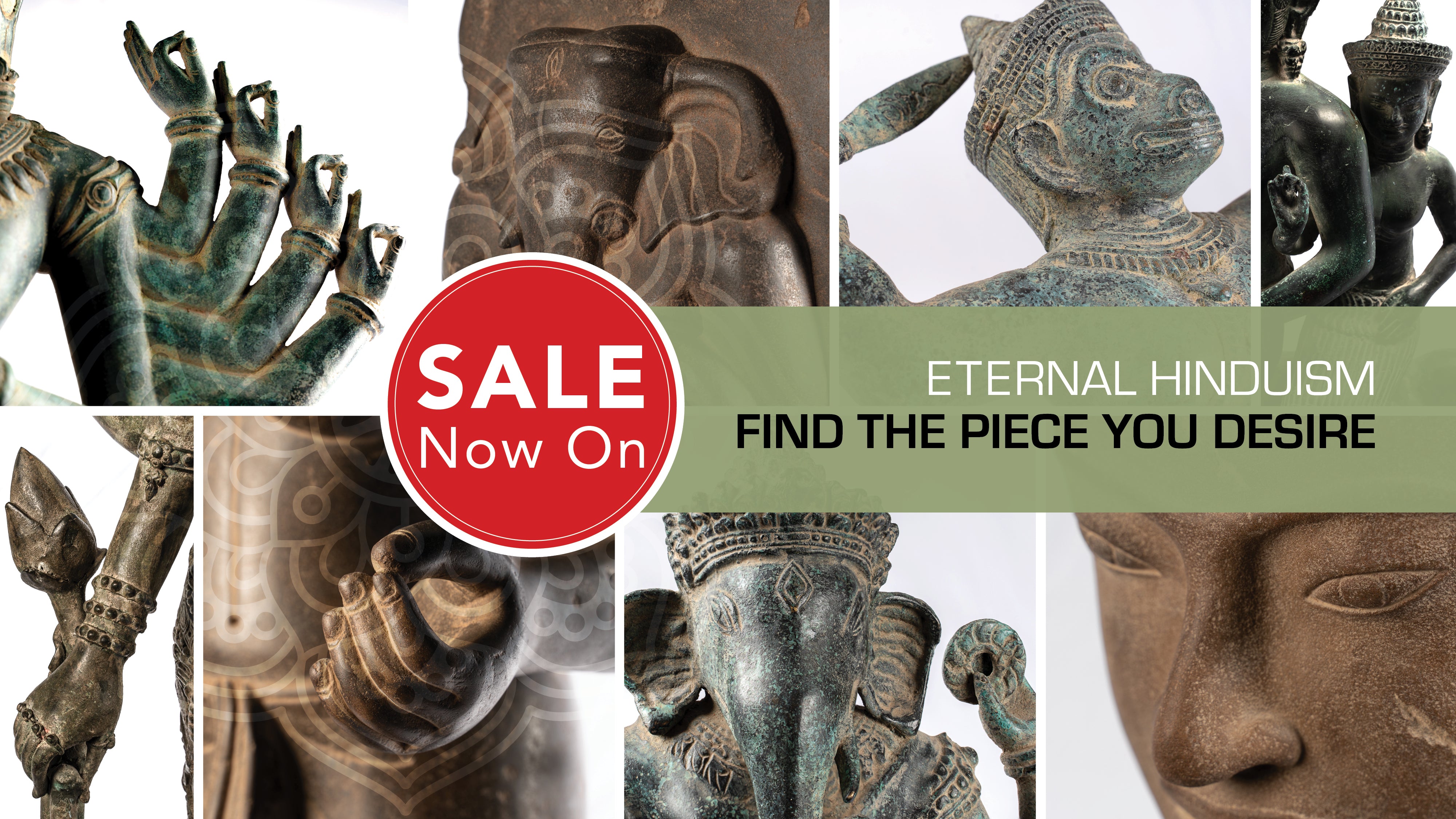 Collage of Hindu sculptures with intricate details and text: "Eternal Hinduism, Find the piece you desire."