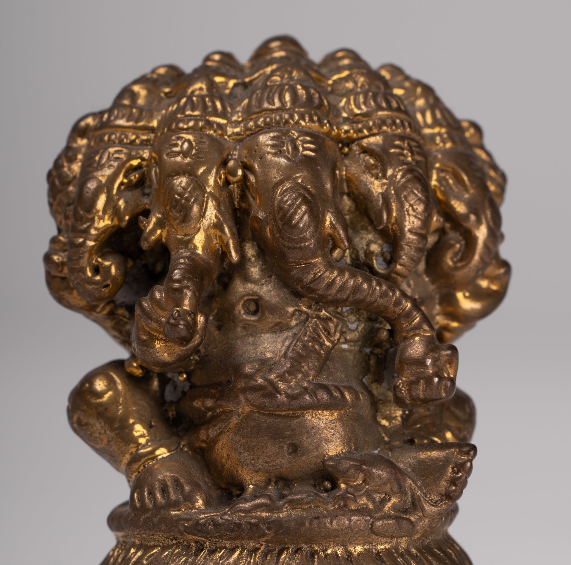 Ganesh - Antique Thai Style Brass Seated Gold Heramba Ganapati Statue  - 8cm/3"
