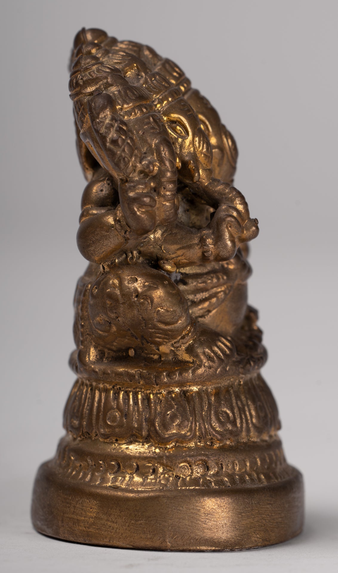 Ganesh - Antique Thai Style Brass Seated Gold Heramba Ganapati Statue  - 8cm/3"