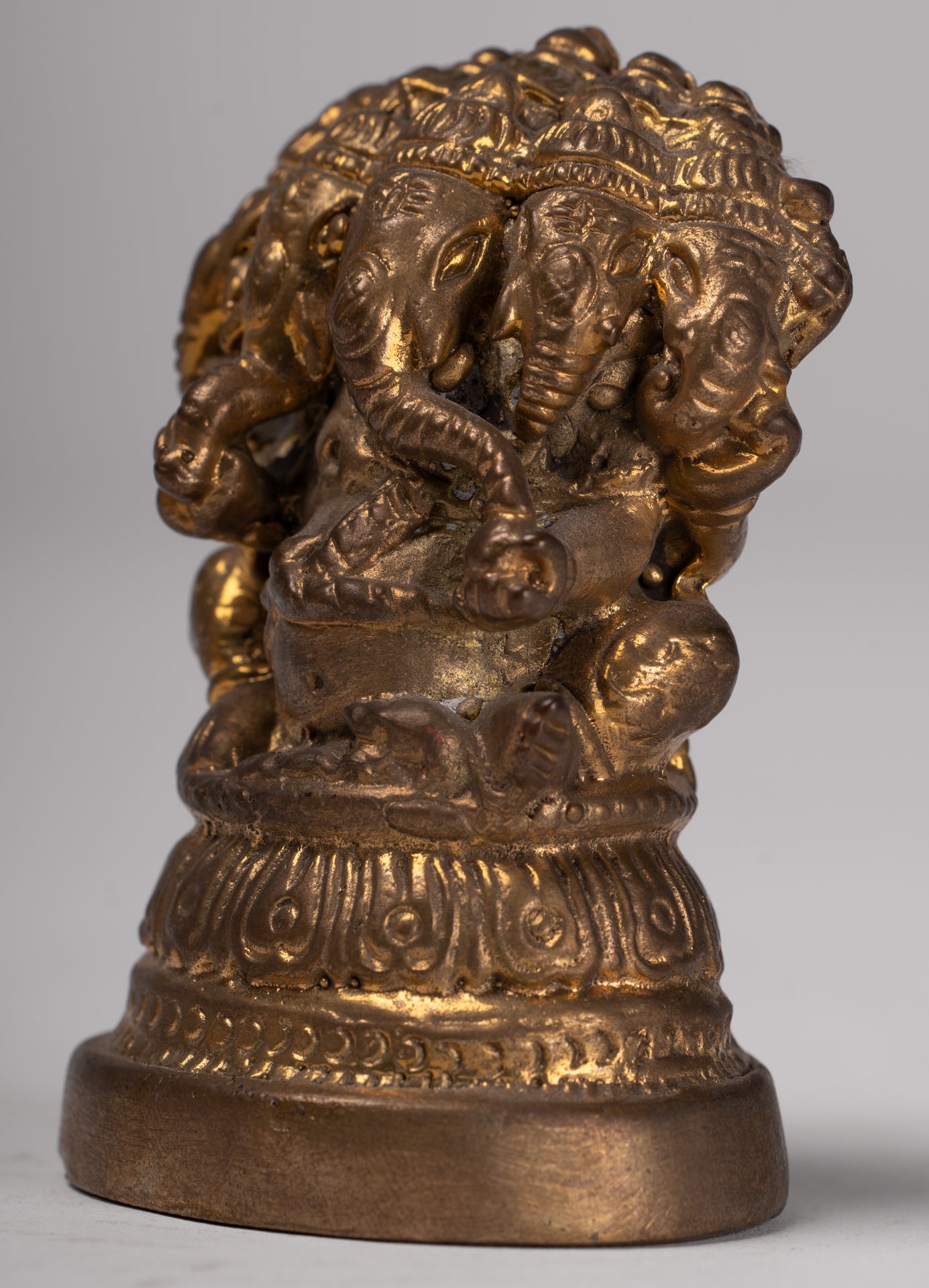Ganesh - Antique Thai Style Brass Seated Gold Heramba Ganapati Statue  - 8cm/3"