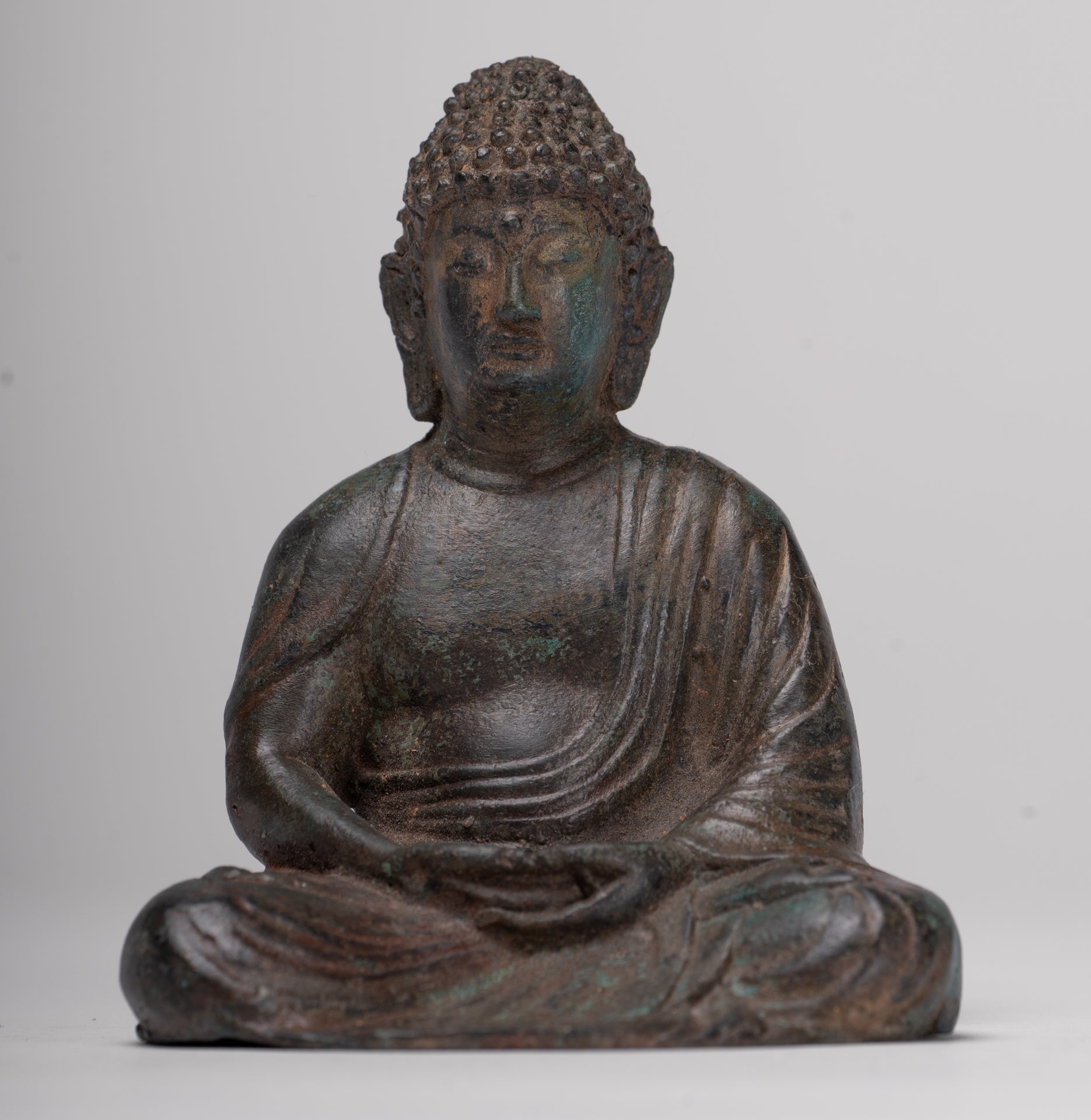 Buddha Statue - Antique Japanese Style Bronze Seated Amida Amitabha Meditation Buddha Statue - 10cm/4"