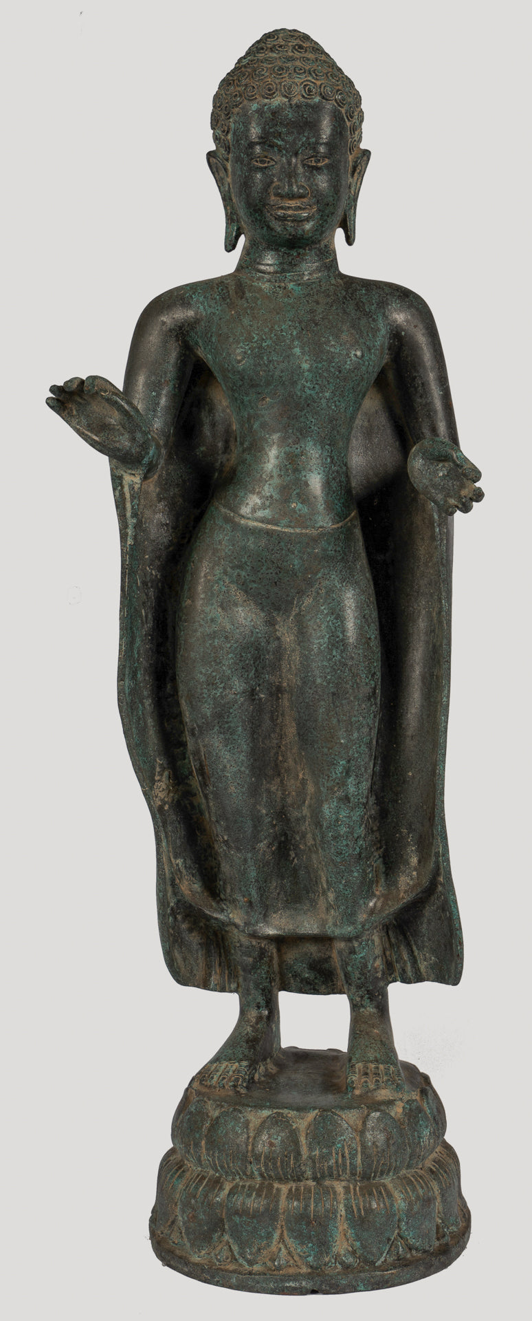 Antique Thai Style Bronze Buddha in Dharmachakra Teaching Mudra - 84cm/34"