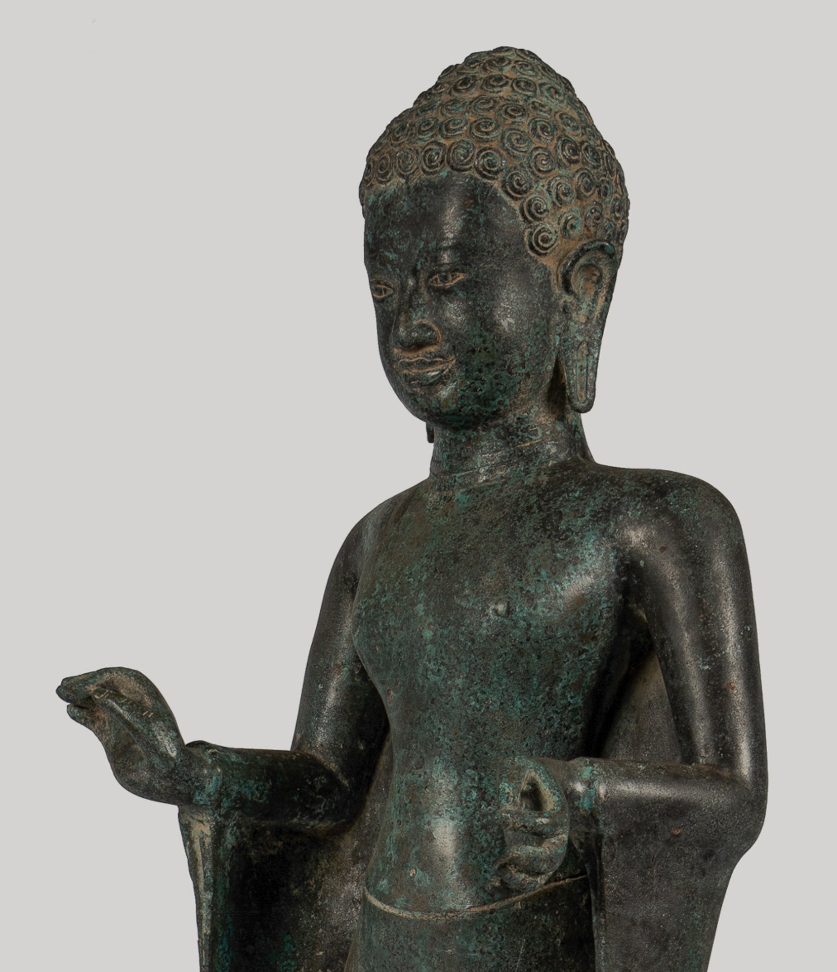 Antique Thai Style Bronze Buddha in Dharmachakra Teaching Mudra - 84cm/34"