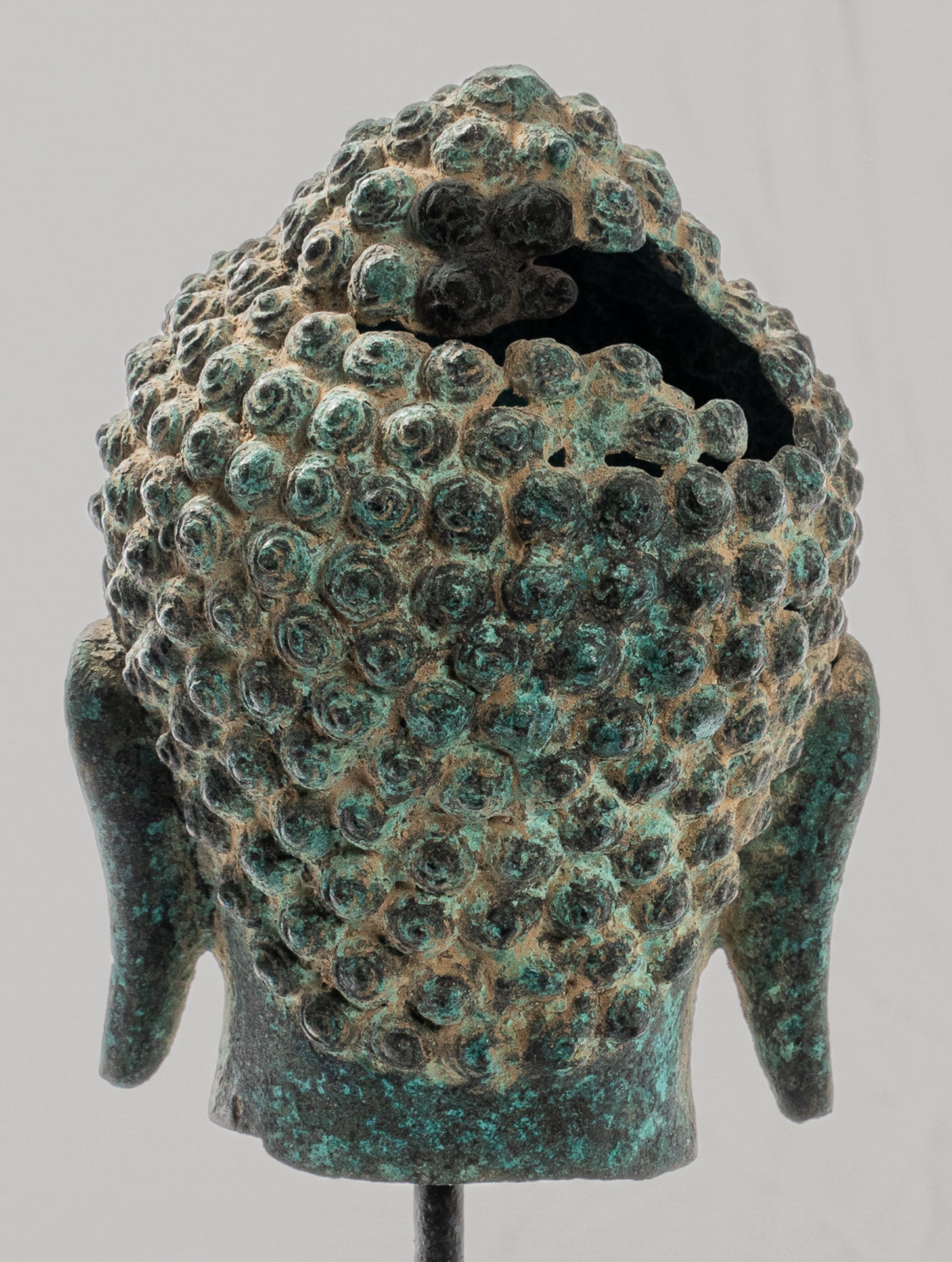 Buddha Statue - Antique Thai Style Mounted Dvaravati Bronze Buddha Head Statue - 20cm/8"