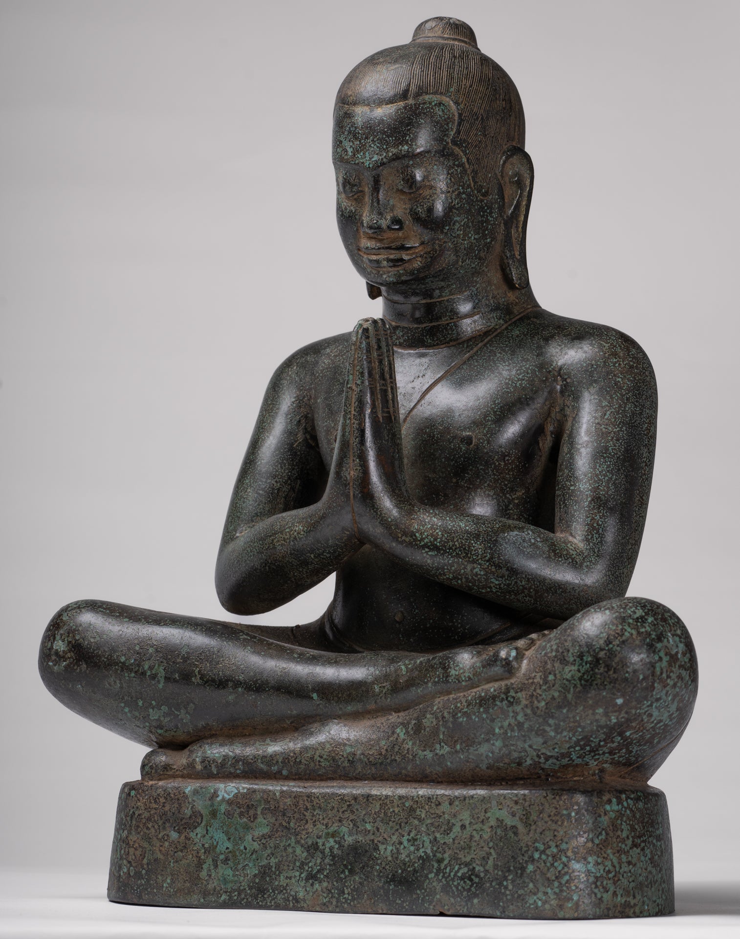 Antique Khmer Style Bronze Meditation Seated Jayavarman VII Statue - 38cm/15"