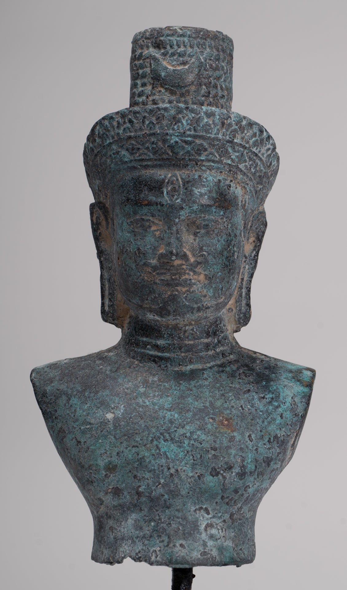 Antique Khmer Style Bronze Mounted Bakheng Shiva Head Statue - 24cm/10"