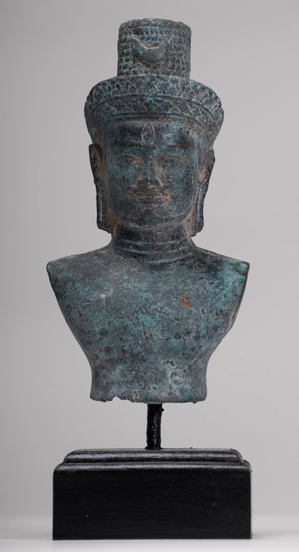 Antique Khmer Style Bronze Mounted Bakheng Shiva Head Statue - 24cm/10"