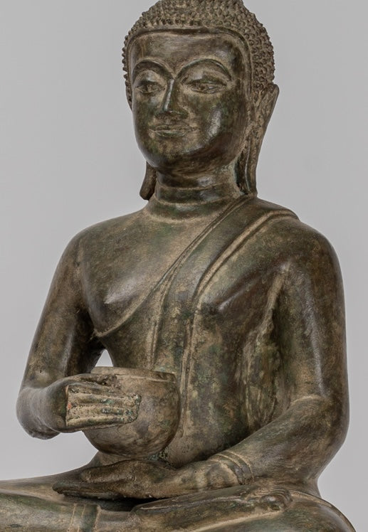 Buddha Statue - Seated Antique Laos Style Bronze Charity Gautama Buddha Statue - 54cm/22"
