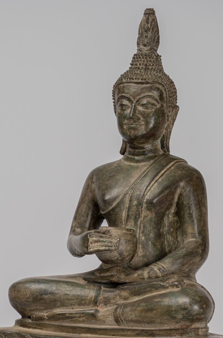 Buddha Statue - Seated Antique Laos Style Bronze Charity Gautama Buddha Statue - 54cm/22"