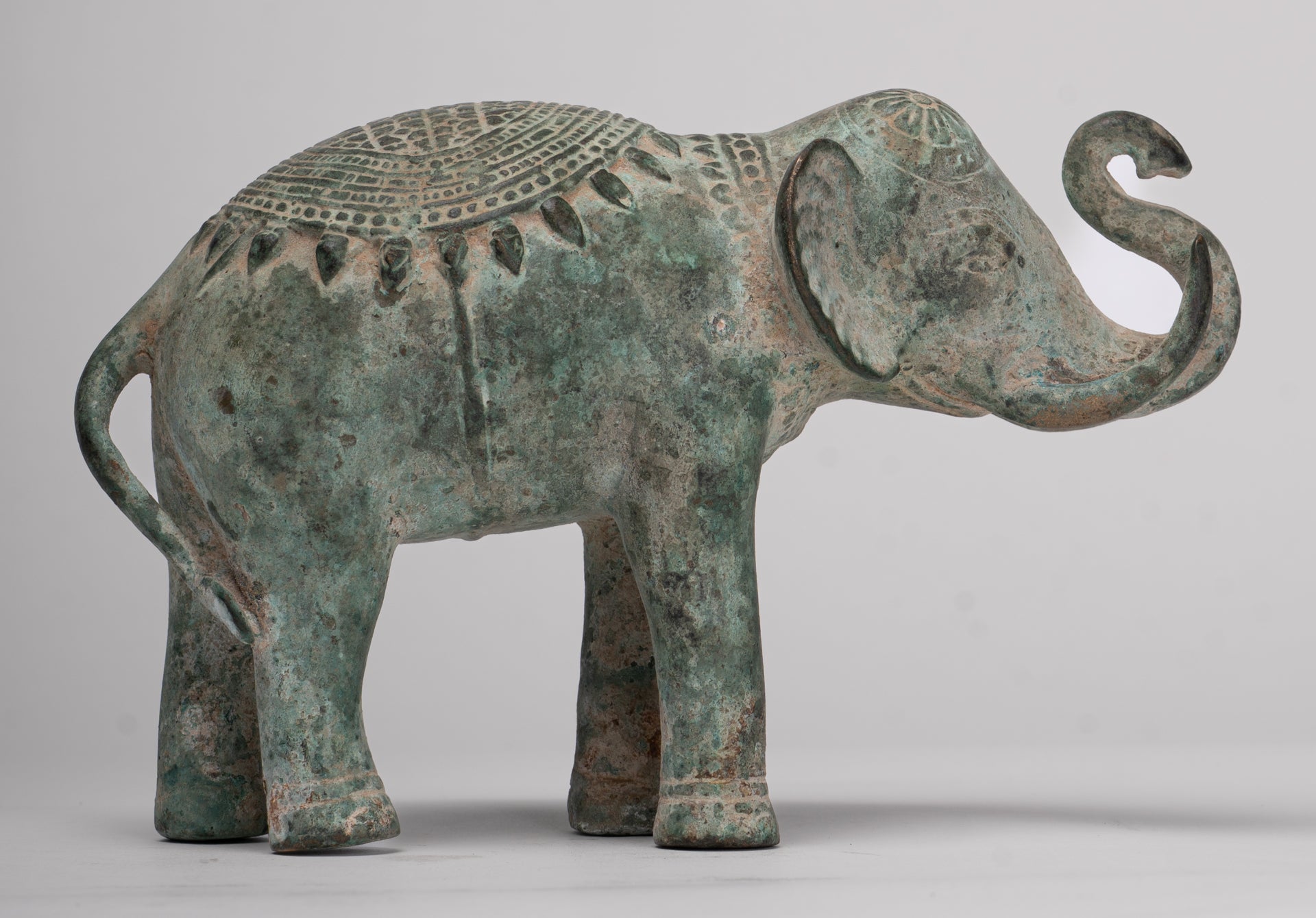 Antique Khmer Style Bronze Trumpeting Elephant Statue - 12cm/5" Tall