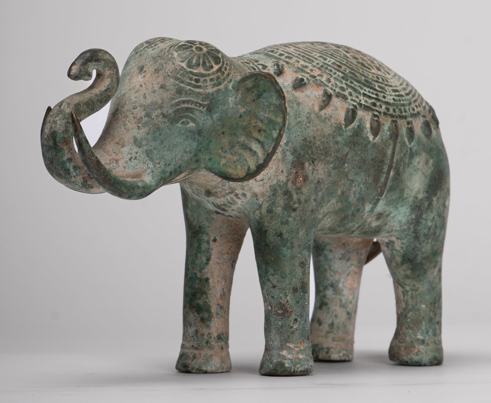 Antique Khmer Style Bronze Trumpeting Elephant Statue - 12cm/5" Tall