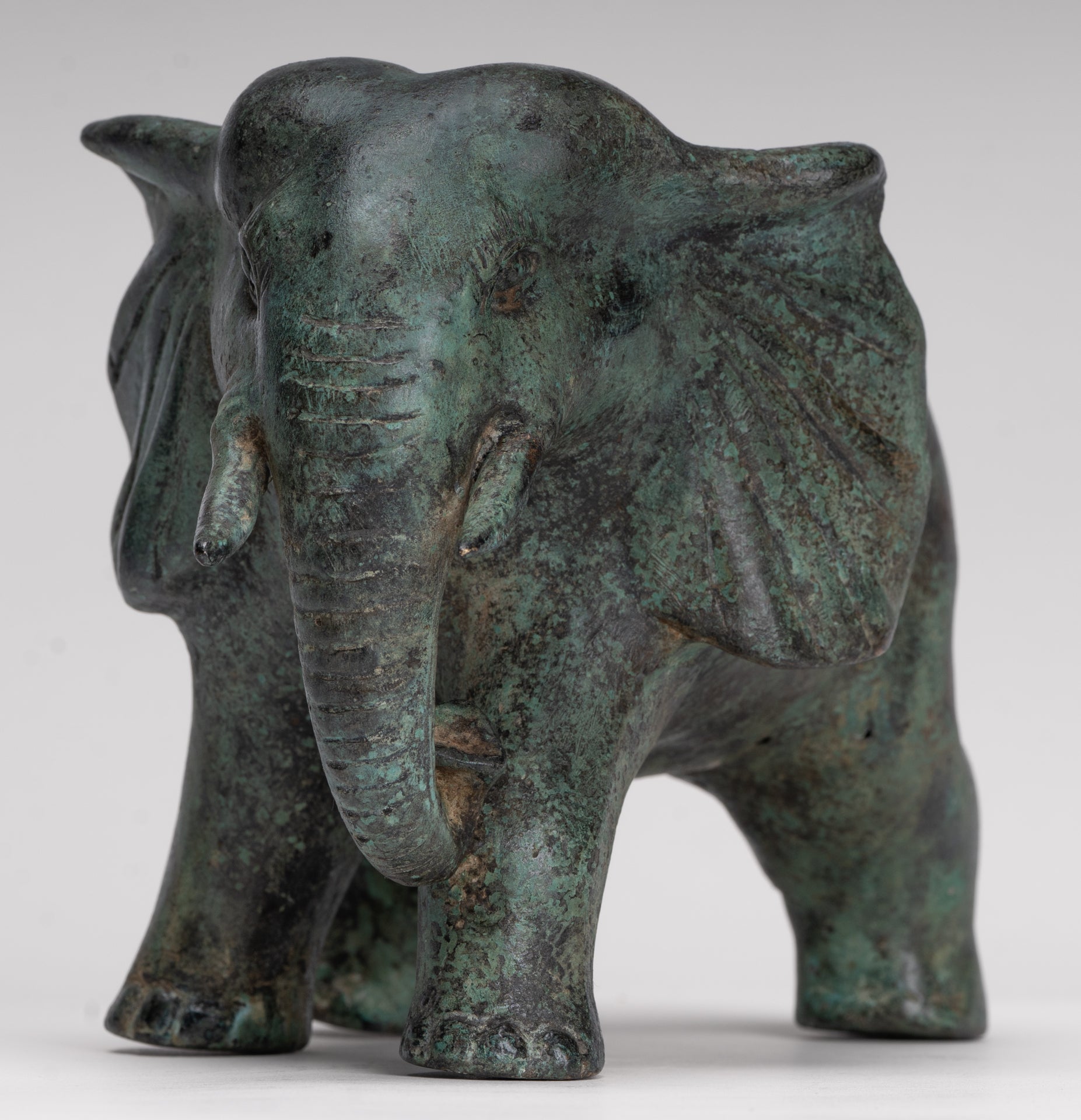 Antique Khmer Style Standing Bronze Elephant Statue - 14cm/6" Tall