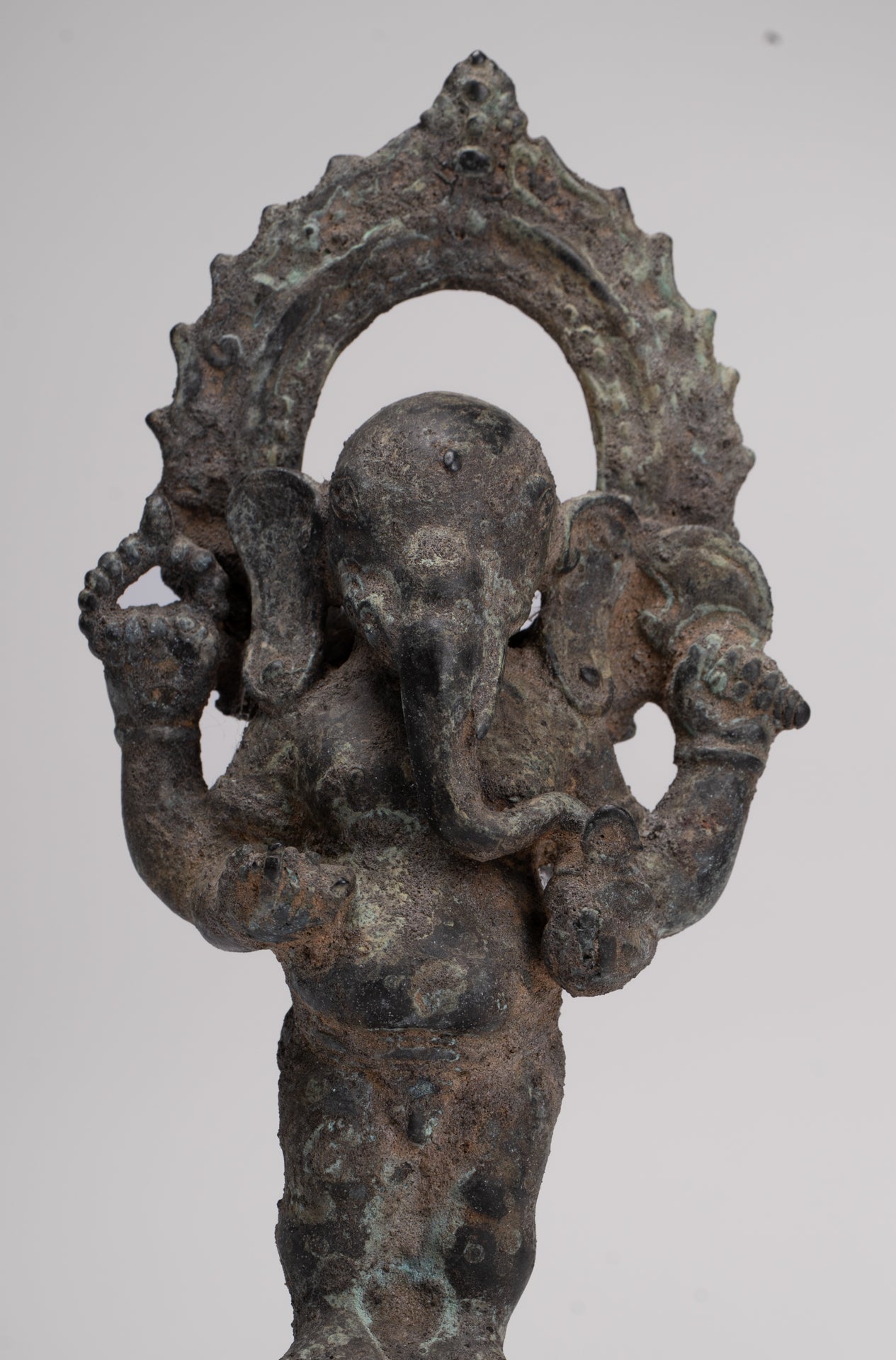 Ganesha Statue - Antique Vietnamese Style Bronze Standing Cham Four-Arm Ganesha Statue - 25cm/10"
