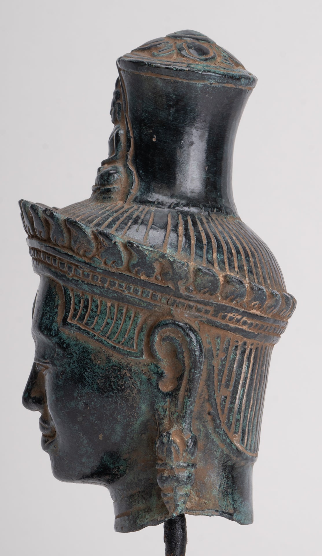 Lokeshvara Statue - Antique Khmer Style Bronze Bayon Style Mounted Lokeshvara Head - 22cm/9"