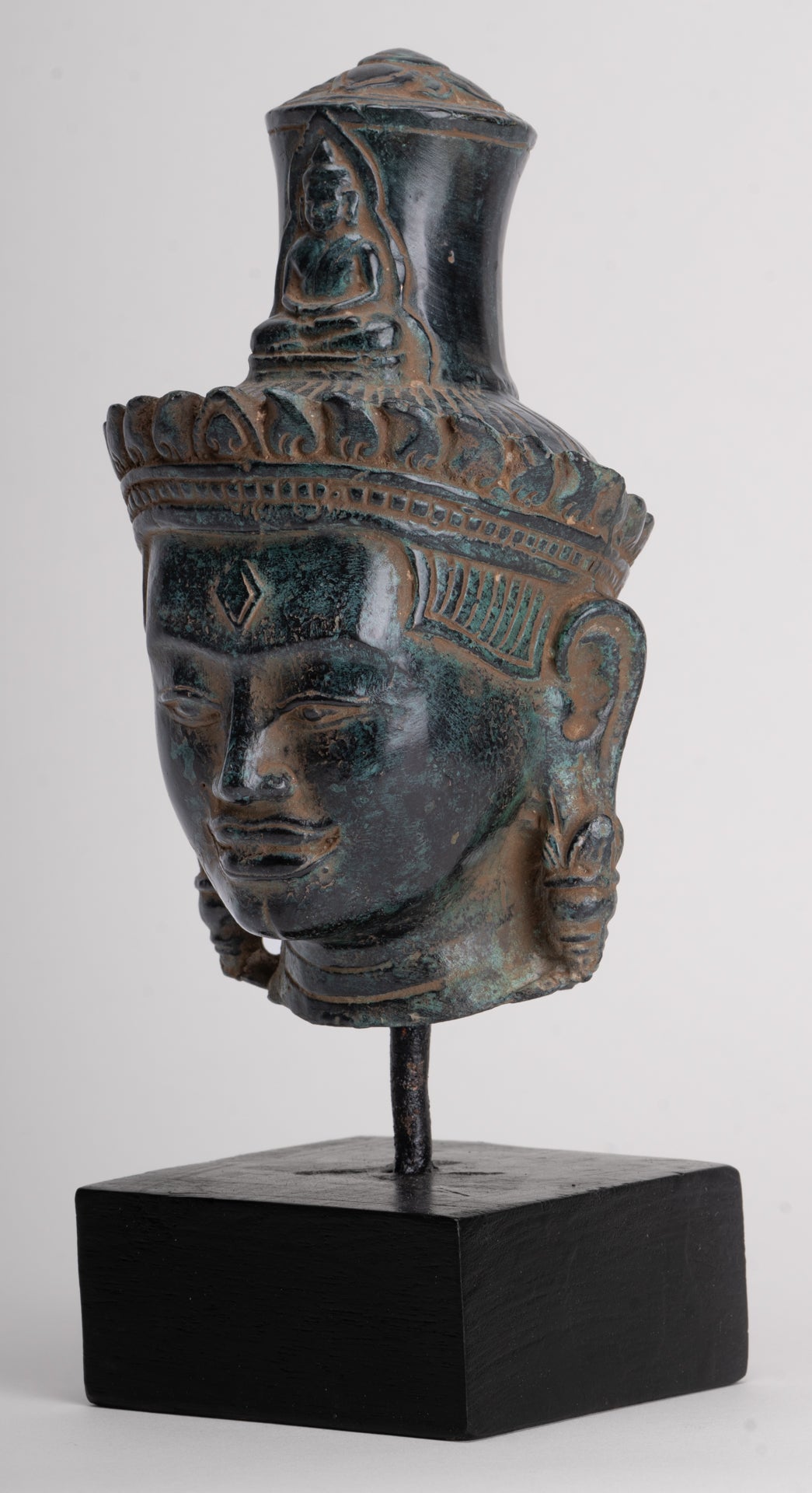 Lokeshvara Statue - Antique Khmer Style Bronze Bayon Style Mounted Lokeshvara Head - 22cm/9"