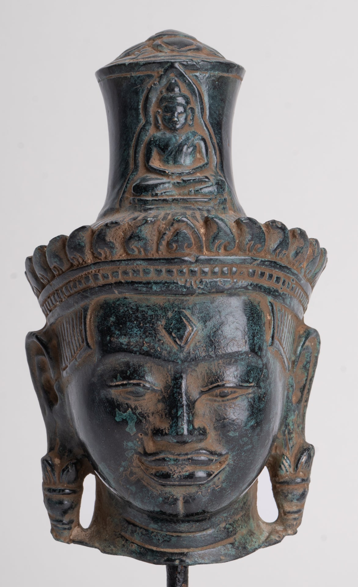 Lokeshvara Statue - Antique Khmer Style Bronze Bayon Style Mounted Lokeshvara Head - 22cm/9"