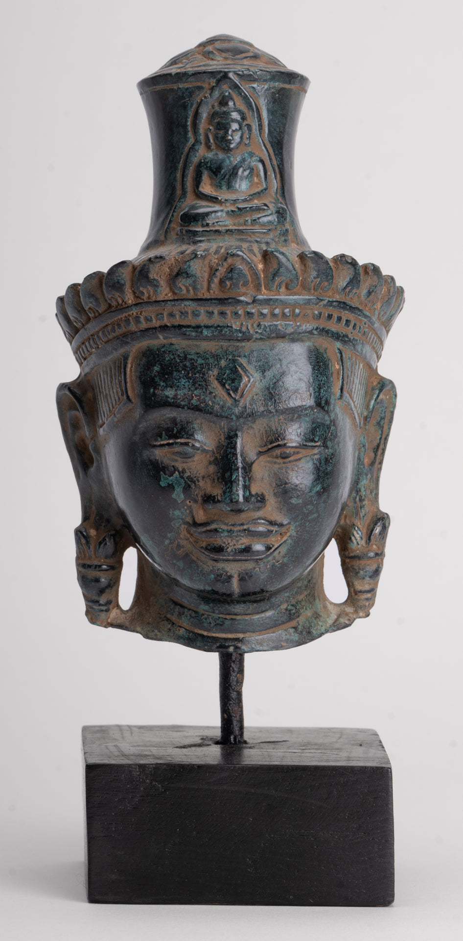 Lokeshvara Statue - Antique Khmer Style Bronze Bayon Style Mounted Lokeshvara Head - 22cm/9"