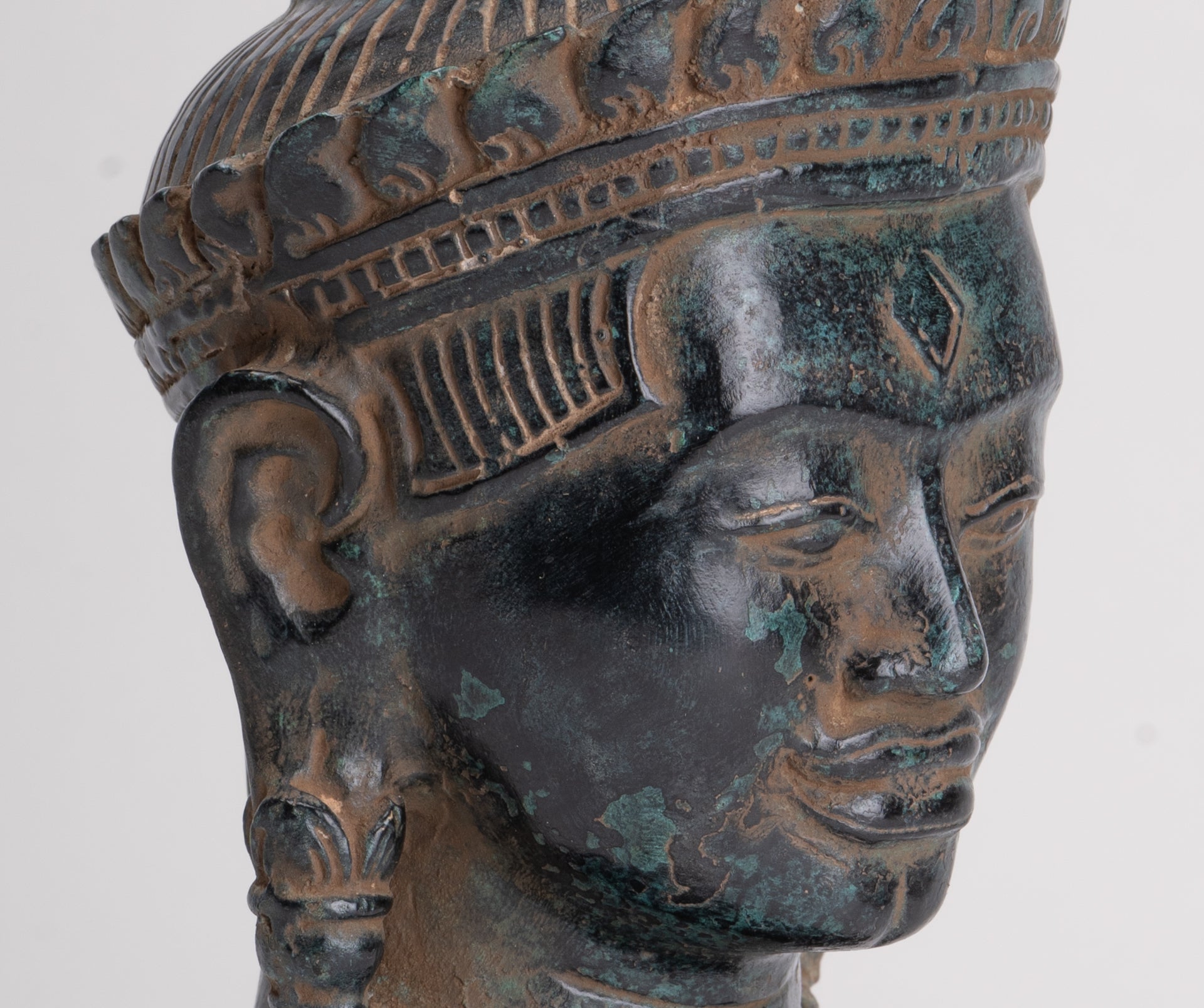 Lokeshvara Statue - Antique Khmer Style Bronze Bayon Style Mounted Lokeshvara Head - 22cm/9"
