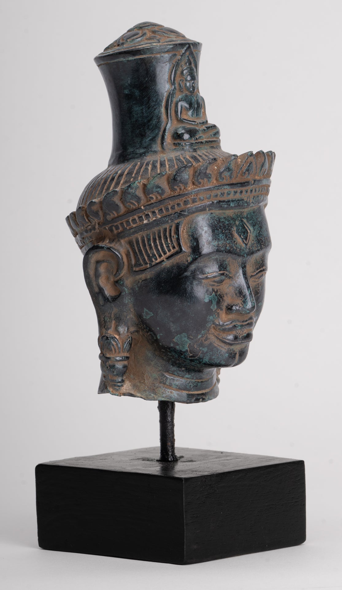 Lokeshvara Statue - Antique Khmer Style Bronze Bayon Style Mounted Lokeshvara Head - 22cm/9"