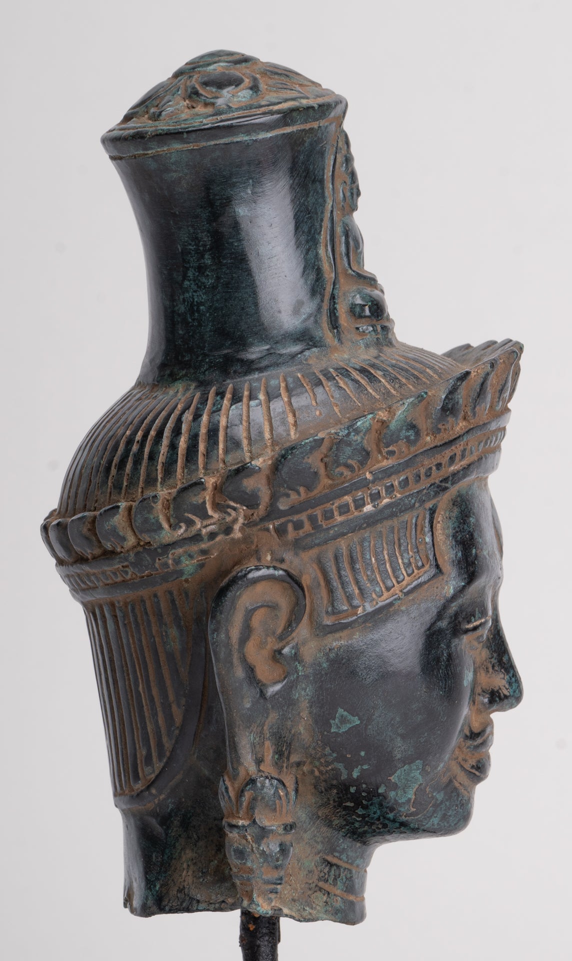 Lokeshvara Statue - Antique Khmer Style Bronze Bayon Style Mounted Lokeshvara Head - 22cm/9"