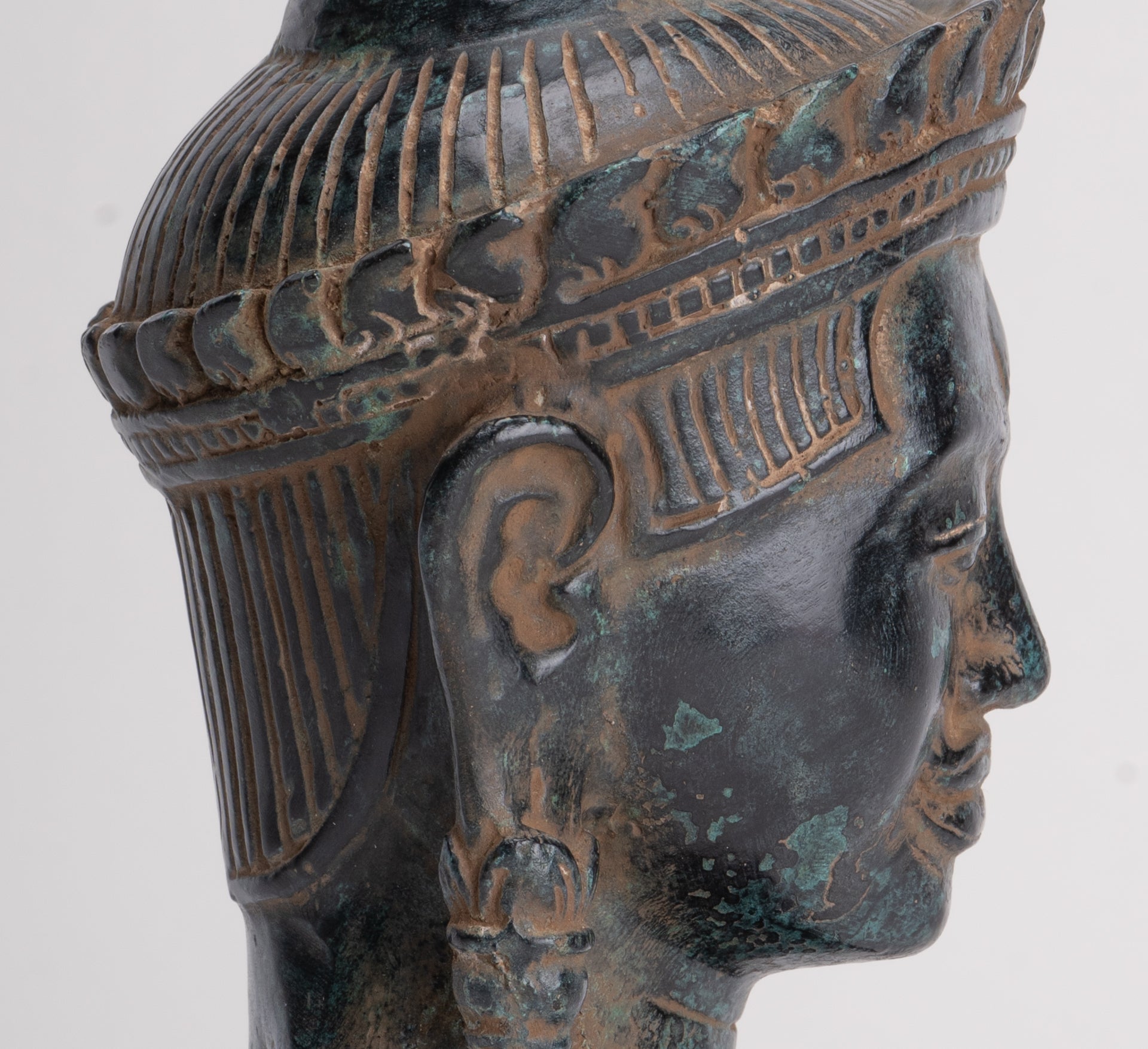 Lokeshvara Statue - Antique Khmer Style Bronze Bayon Style Mounted Lokeshvara Head - 22cm/9"