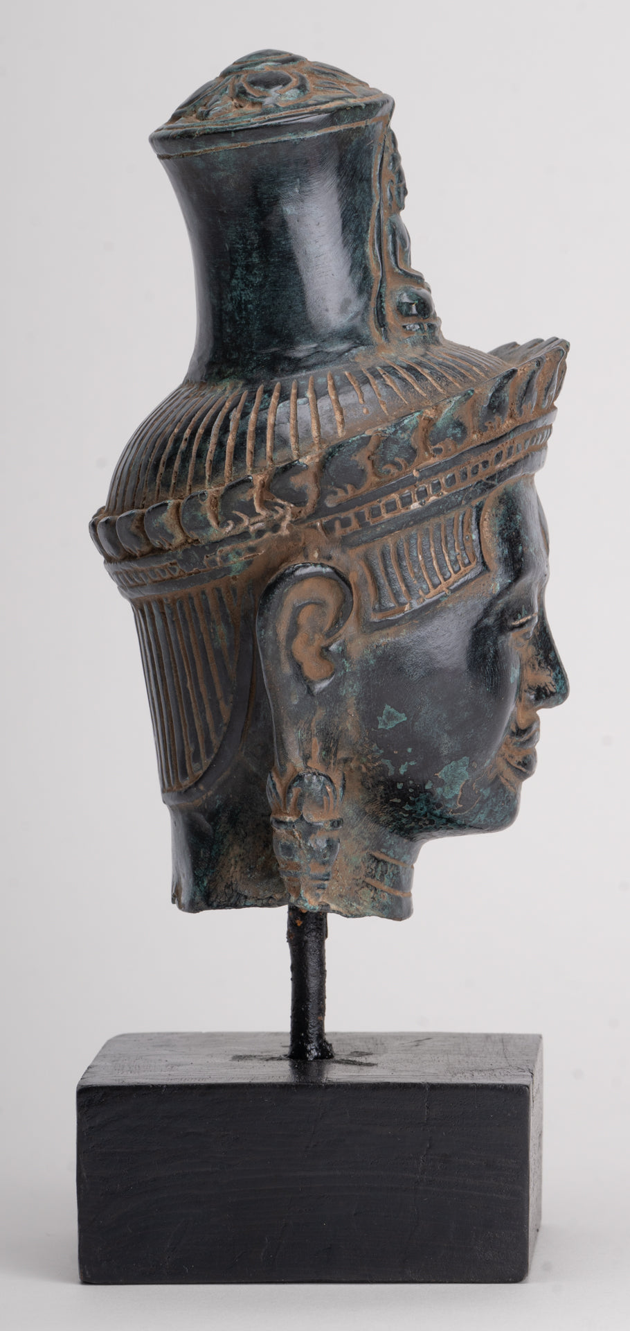 Lokeshvara Statue - Antique Khmer Style Bronze Bayon Style Mounted Lokeshvara Head - 22cm/9"
