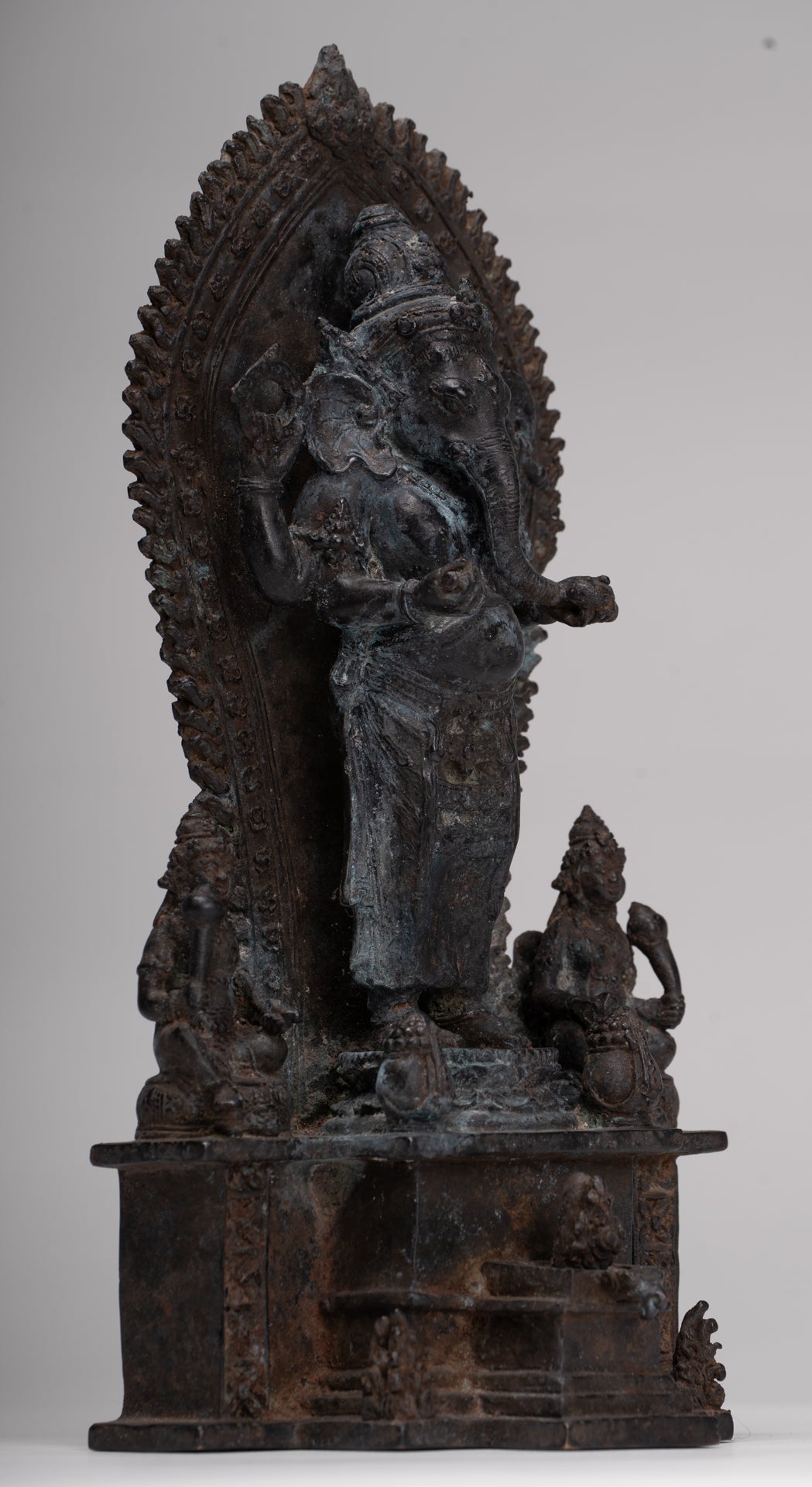Ganesha Statue - Antique Javanese Style Bronze Standing Four Arm Ganesha Statue - 31cm/12"