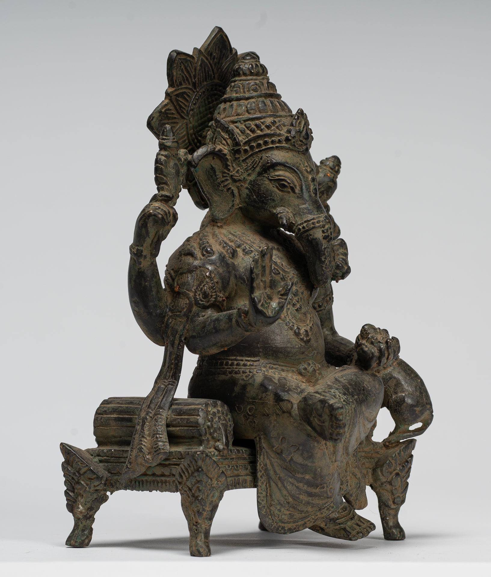 Ganesha Statue - Antique Javanese Style Bronze Seated Indonesian Ganesha Statue - 20cm/8"