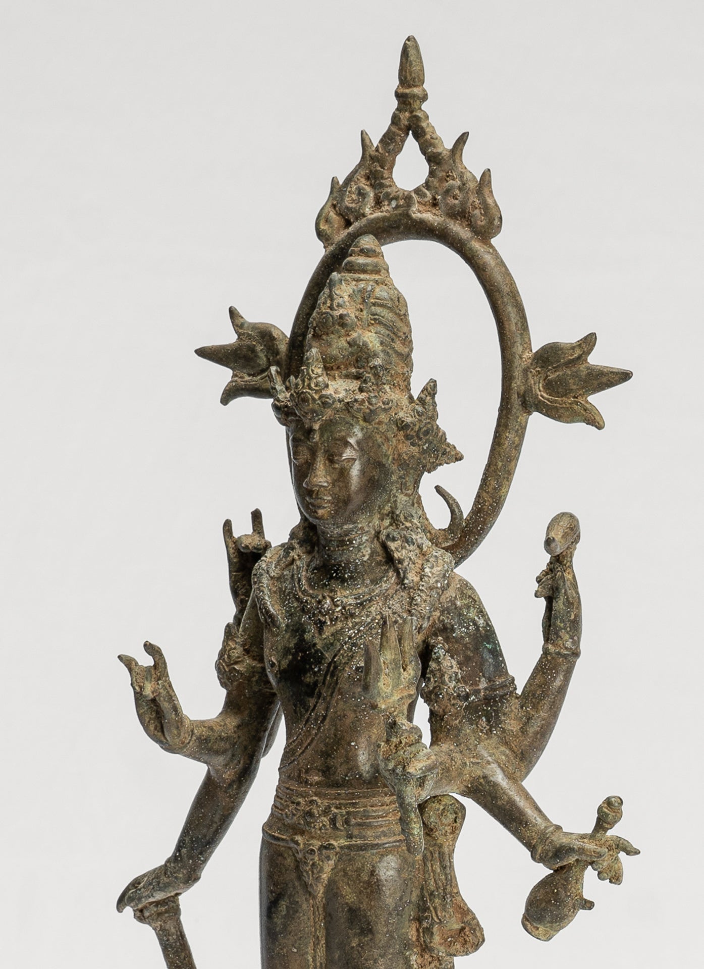 Shiva Statue - Antique Indonesian Style Bronze Javanese Standing 6-Arm Shiva Statue - 36cm/14"