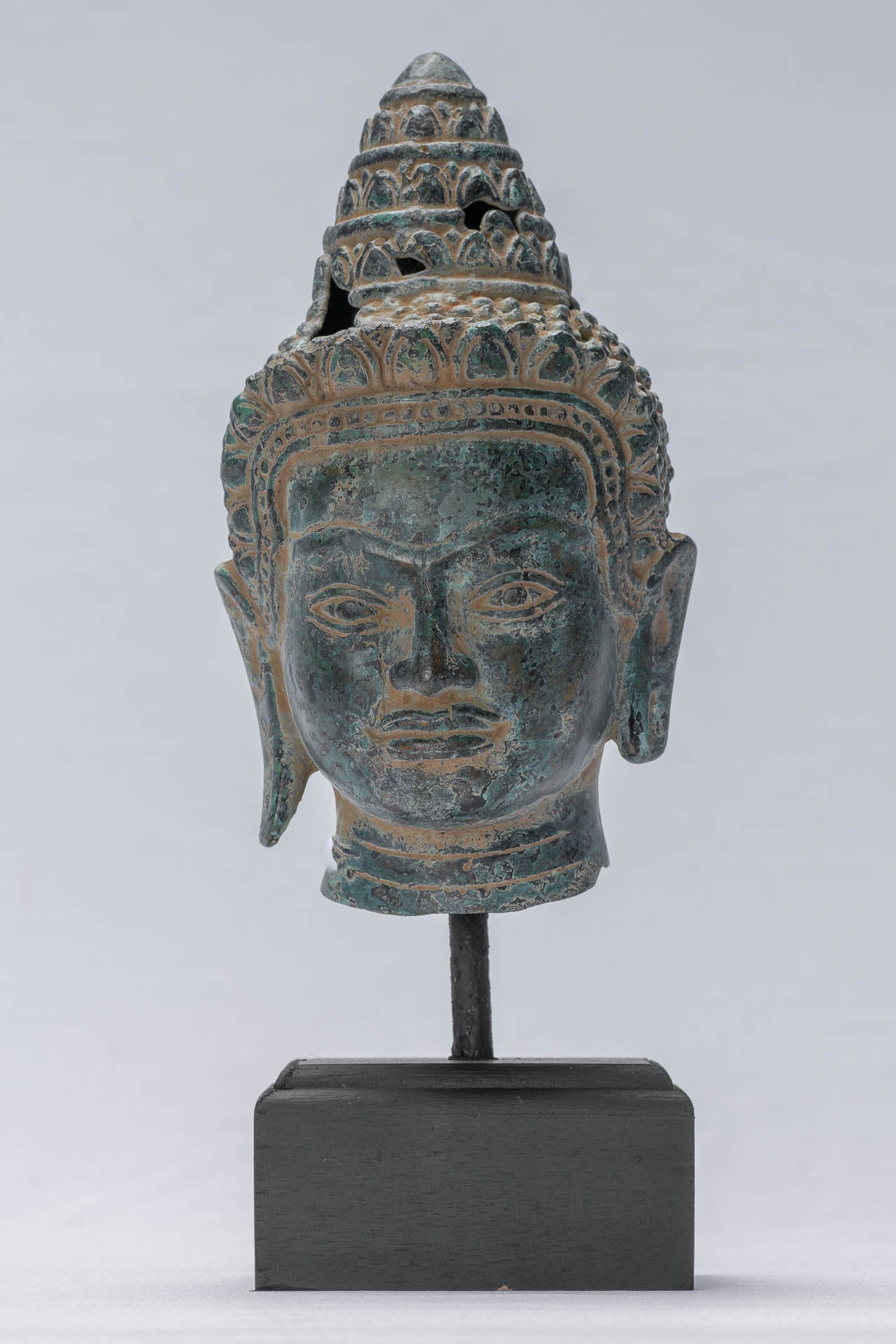 Buddha Statue - Antique Khmer Style Mounted Bronze Baphuon Buddha Head Statue - 25.5cm/10"