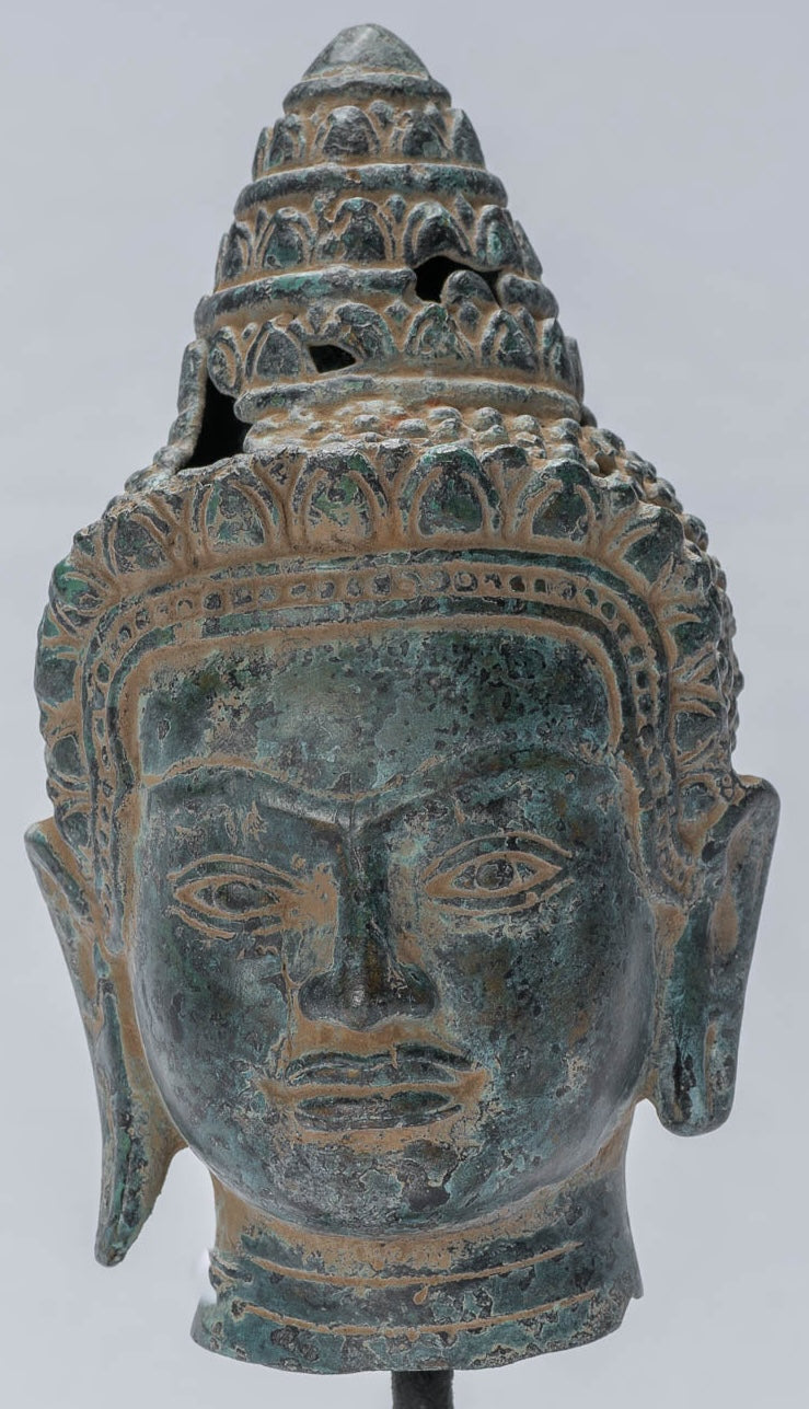 Buddha Statue - Antique Khmer Style Mounted Bronze Baphuon Buddha Head Statue - 25.5cm/10"