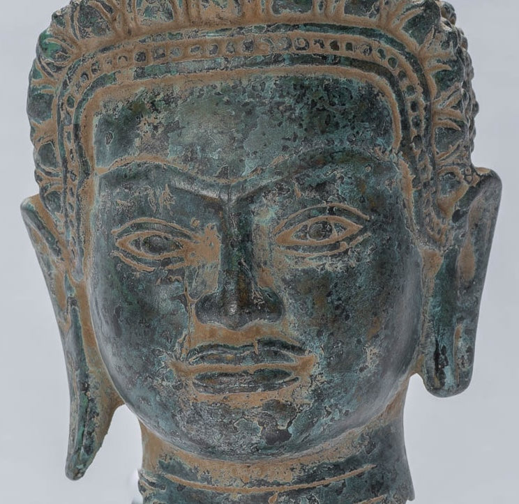 Buddha Statue - Antique Khmer Style Mounted Bronze Baphuon Buddha Head Statue - 25.5cm/10"