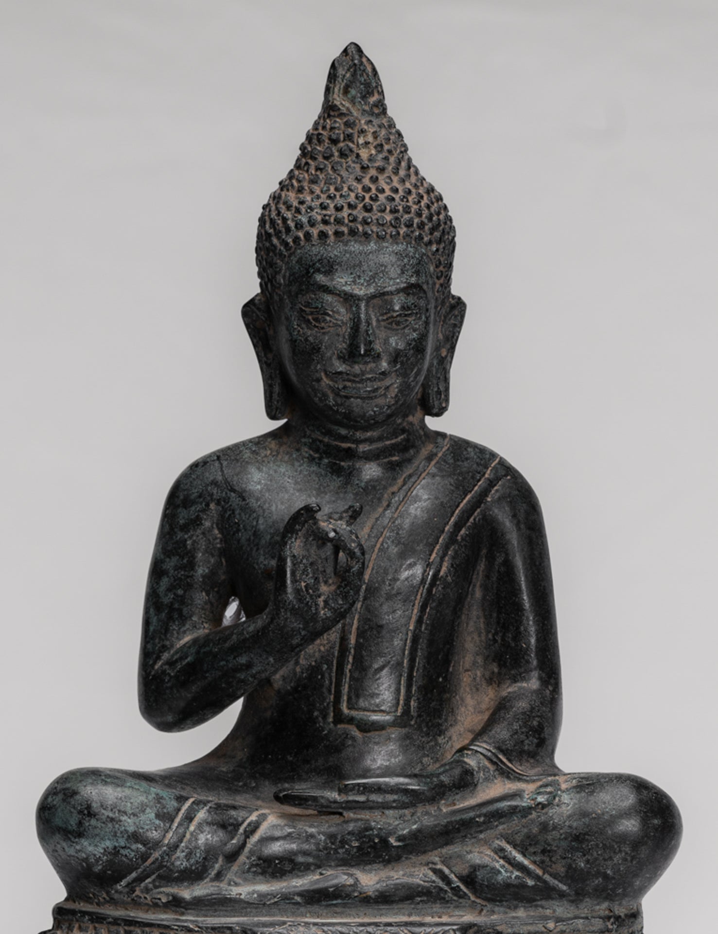 Buddha Statue - Buddha - Antique Khmer Style Enthroned Bronze Buddha Statue Teaching Mudra - 31cm/12"