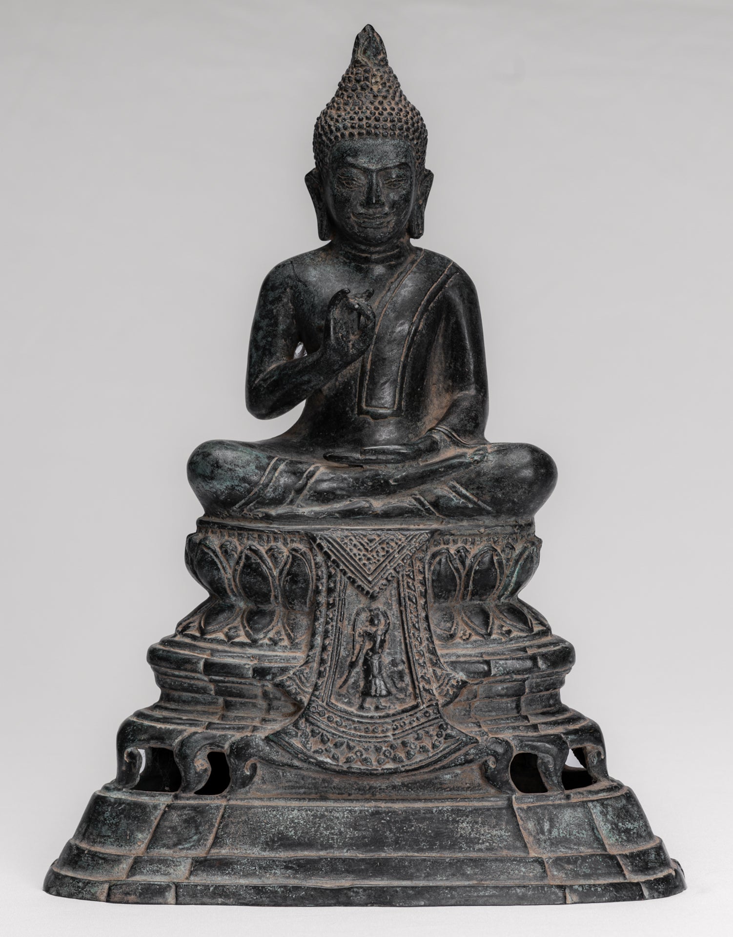 Buddha Statue - Buddha - Antique Khmer Style Enthroned Bronze Buddha Statue Teaching Mudra - 31cm/12"