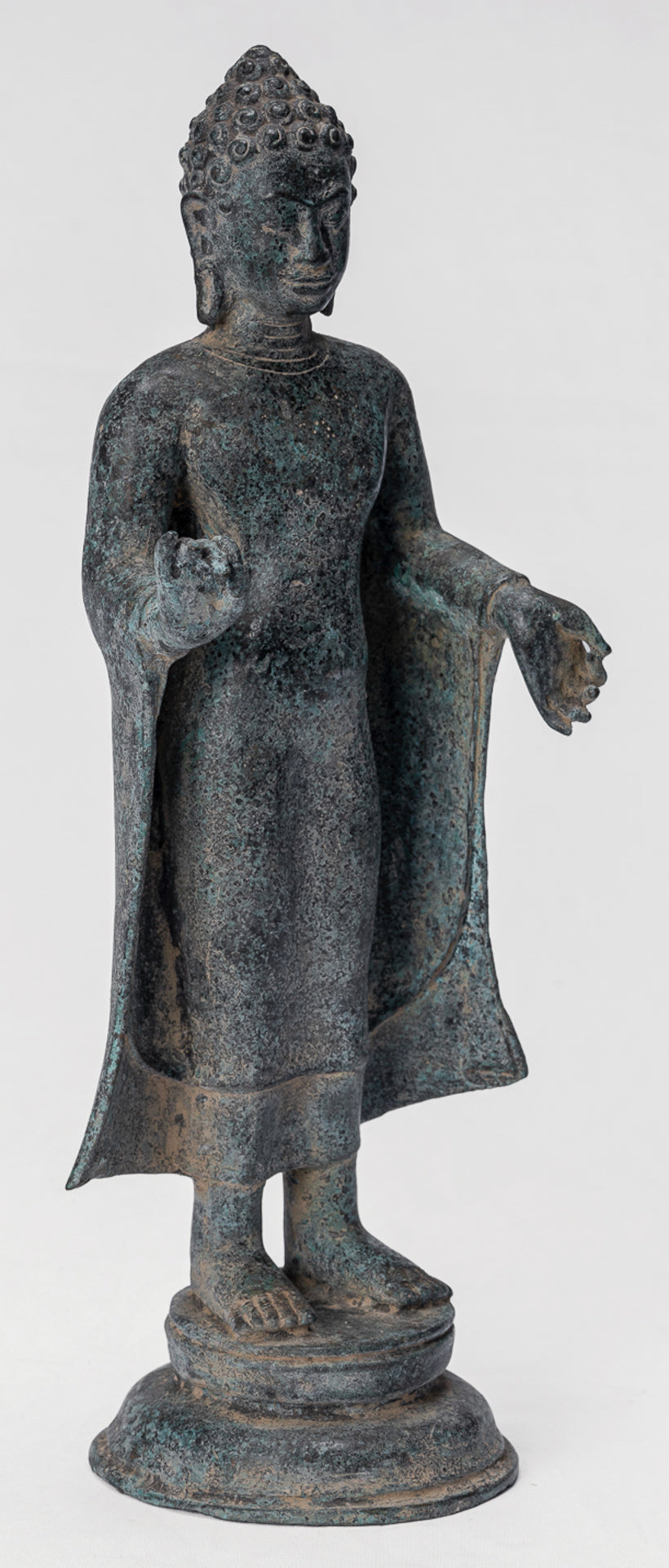Buddha Statue - Antique Thai Style Dvaravati Bronze Standing Preaching Buddha Statue - 33cm/13"